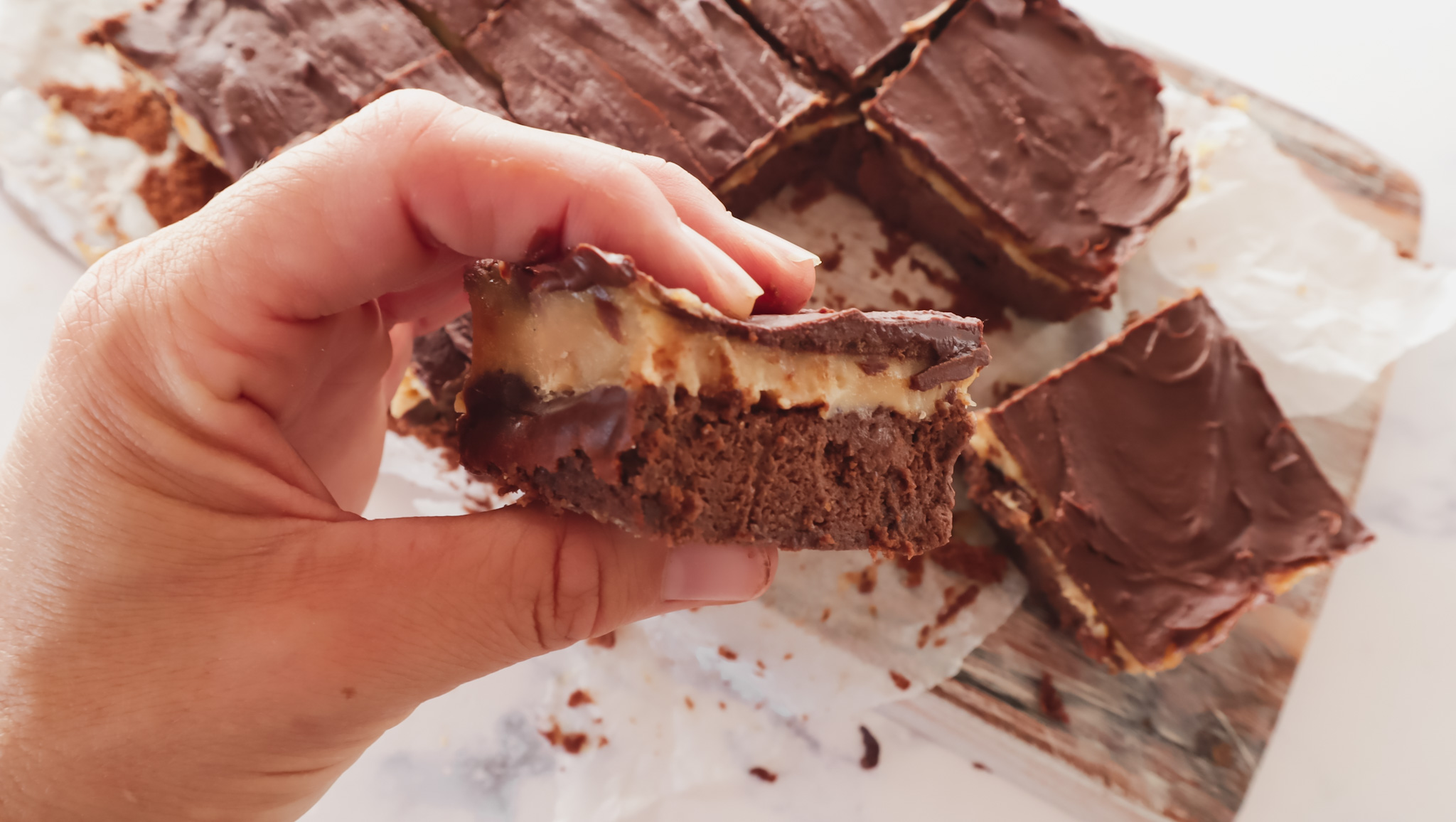 Healthier chocolate brownie caramel slice recipe