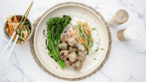Beef satay meatballs with rice salad & broccoli recipe
