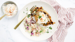 Mexican veggie jacket potatoes with slaw, sweet chilli sour cream recipe