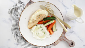 Chicken Cordon Bleu with mash, roast veggies & Dijon cream sauce recipe