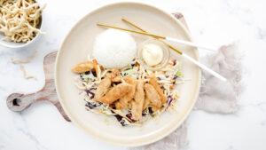 Crunchy Japanese chicken bites with crispy noodle slaw salad & rice recipe