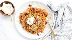 Mexican style spaghetti bolognese with cheese & sour cream recipe