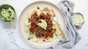 Tuscan beef pappardelle with veggies, smashed avo & lime recipe