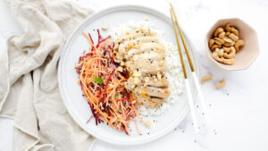 Apricot chicken thighs with Jasmine rice, creamy slaw & cashews recipe