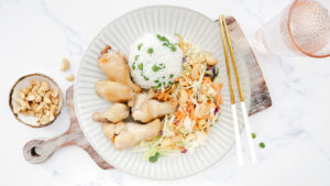 Apricot chicken wings with rice, peanuts & slaw recipe