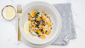 Bacon & roast pumpkin risotto with toasted walnuts & parmesan recipe