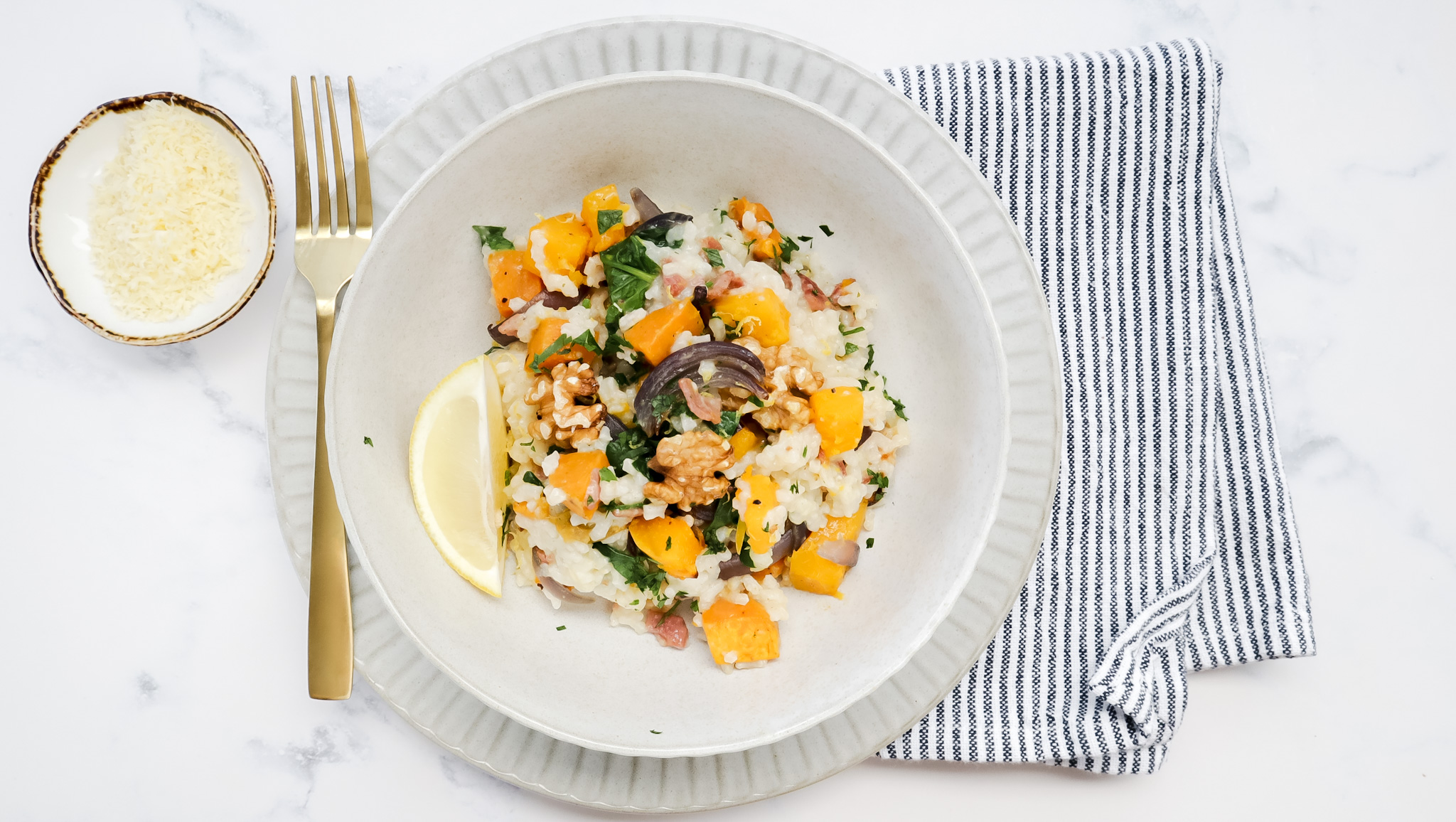 Bacon & roast pumpkin risotto with toasted walnuts & parmesan recipe