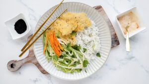 Bang bang chicken with salad, jasmine rice & Japanese chilli mayo recipe