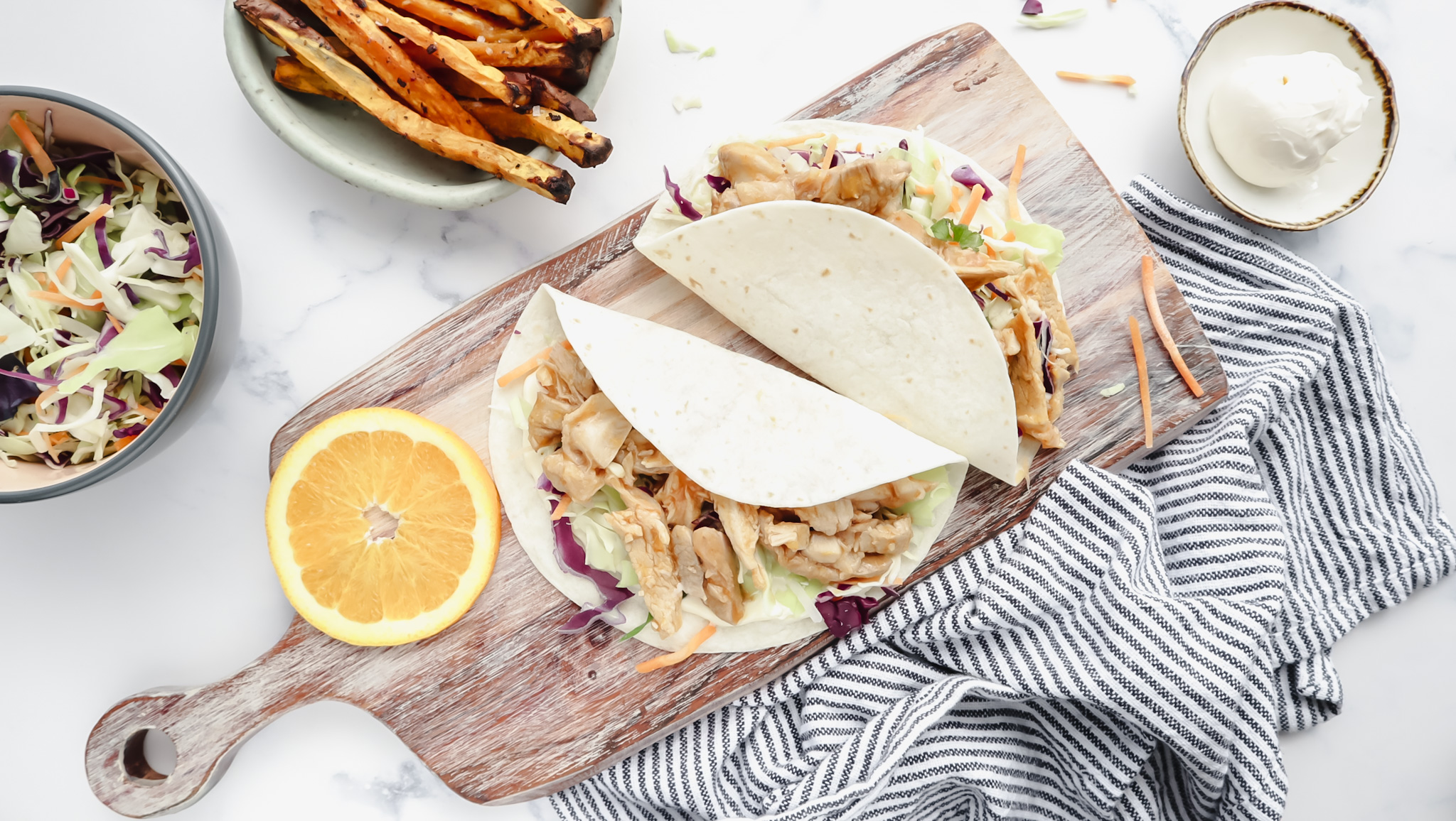 Barbecue pulled pork tacos with slaw & sweet potato chips