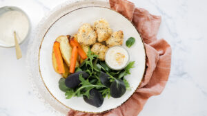 Chicken nuggets with veggie wedges, salad & honey mustard dressing recipe