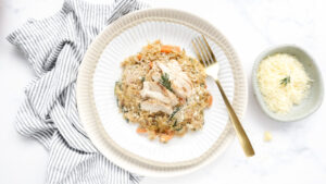 Creamy chicken risotto with veggies, rosemary & parmesan recipe
