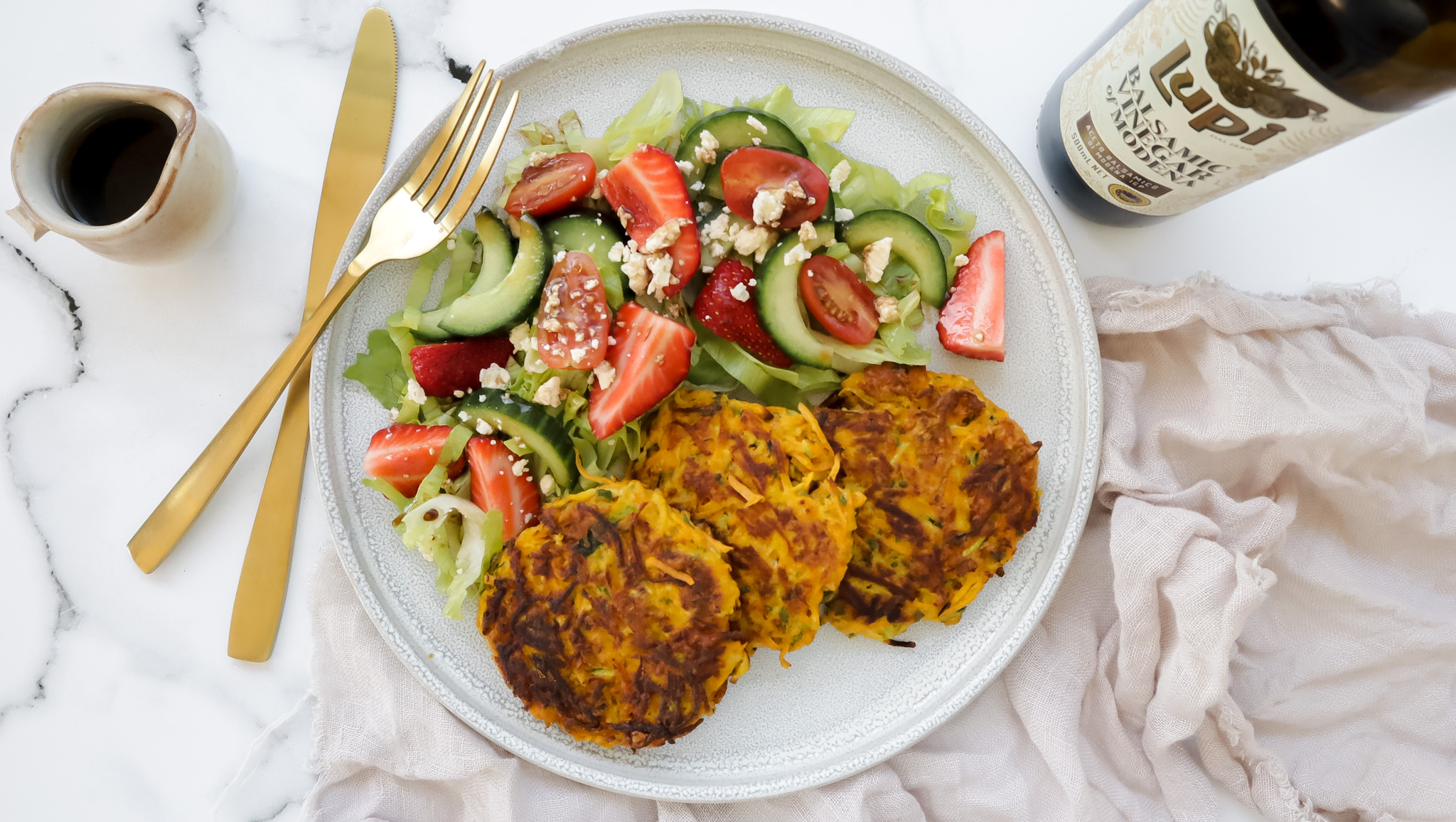 Crispy veggie fritters with summer berry salad & balsamic dressing recipe