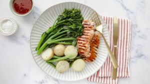 Easy maple pork steaks with garlic potato & greens recipe