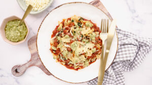 Easy cheesy beef & veggie lasagna bake with basil pesto recipe