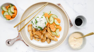 Japanese fried chicken, pea rice & pickles veggies with sweet chilli mayo recipe