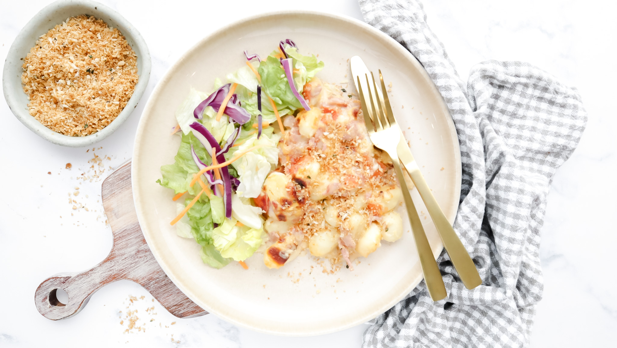 Mac’n’cheese style gnocchi with crispy crumb & salad recipe