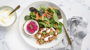 Moroccan beef couscous salad with beet hummus & honey yoghurt drizzle recipe