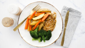 Pan roast chicken with roasted veggies & onion gravy recipe