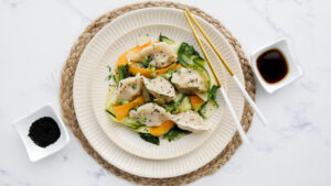 Pork & cabbage dumplings with Asian stir-fry & honey soy sauce recipe