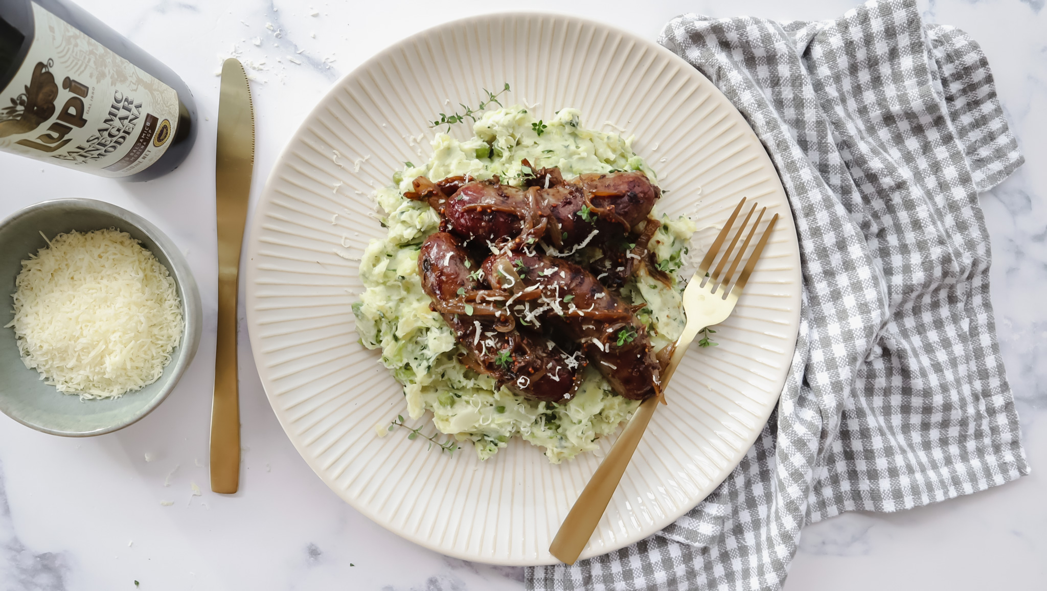 Pork sausage with Irish mashed potatoes & onion gravy recipe
