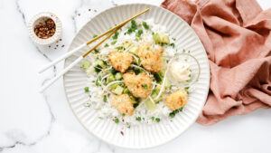 Thai coconut crispy chicken & avocado & cucumber salad with pea rice recipe