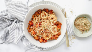 Beef & veggie bolognese with garlic pangrattato recipe
