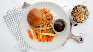 Barbecue pulled pork burgers with slaw & carrot chips recipe