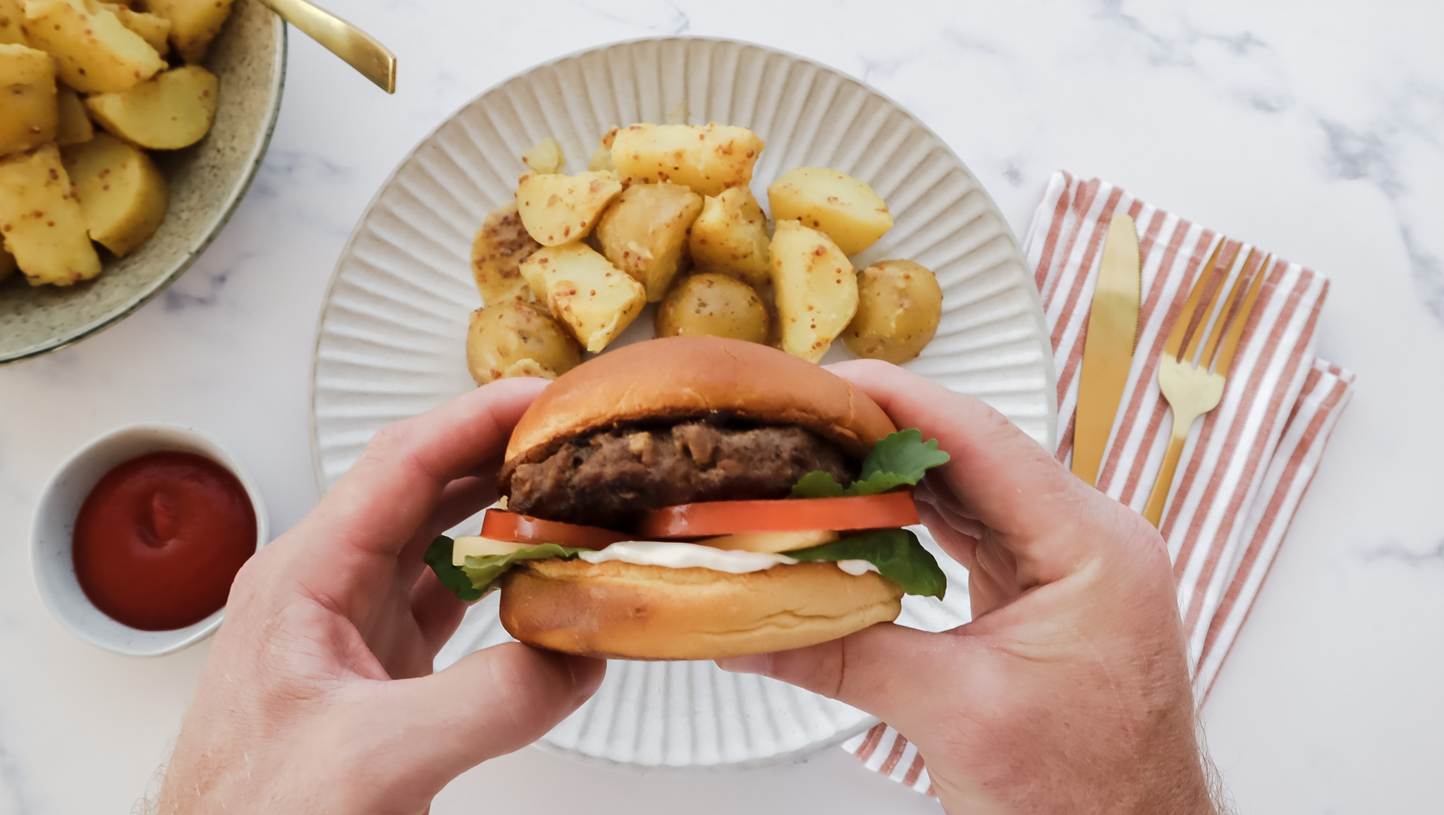 Beef & cheese burgers with honey mustard potato salad recipe
