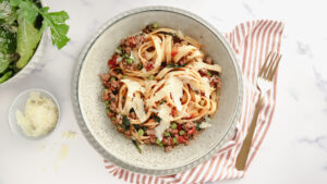 Beef fettuccine bolognese with rocket & parmesan recipe