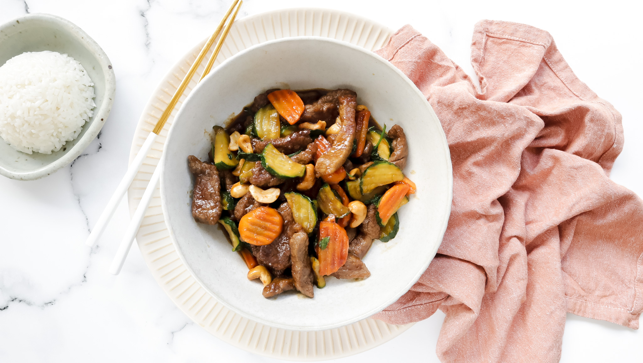 Beef, veggie & cashew stir-fry with jasmine rice recipe