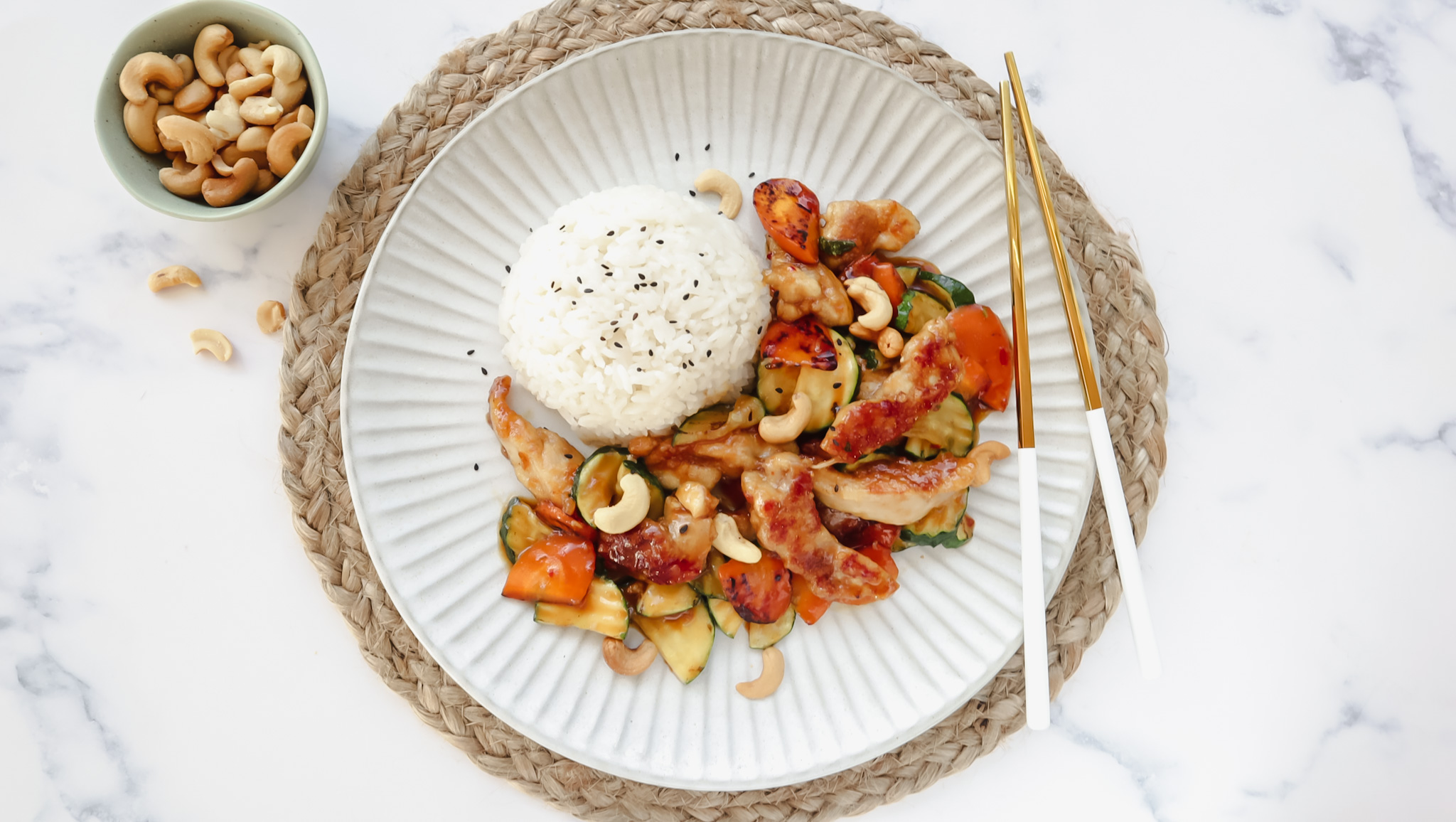 Chicken & sweet chilli stir-fry with sweet coconut rice & cashews recipe
