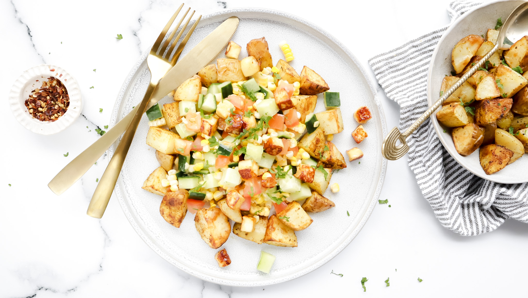 Grilled haloumi & corn salsa with golden roasties recipe