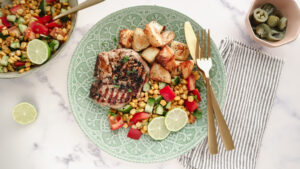 Grilled pork with corn & tomato salsa & potato roasties recipe