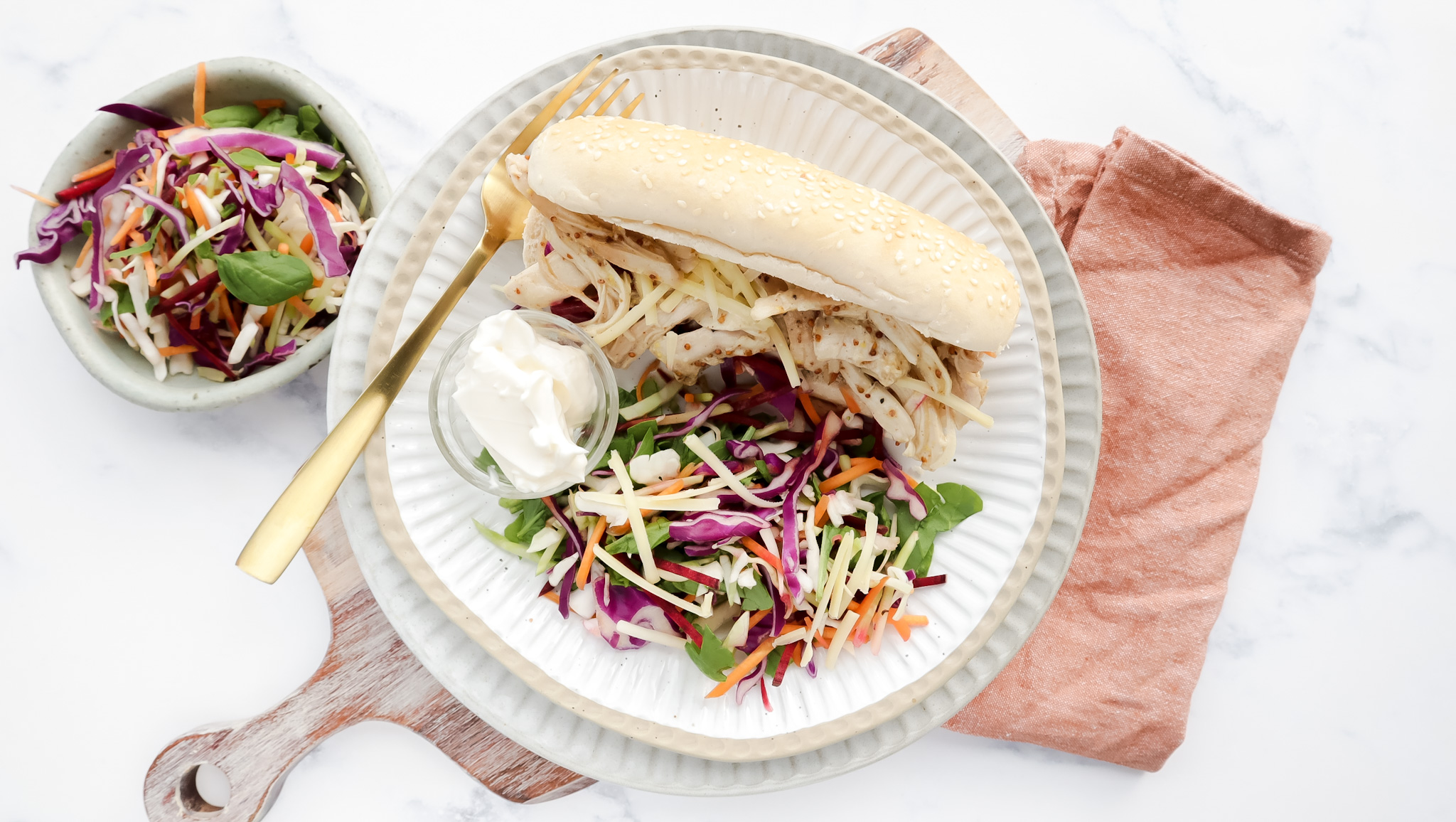 Honey mustard pulled chicken subs with salad, cheese & mayo recipe
