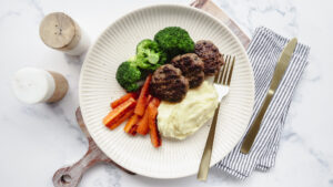 Lamb rissoles with mash, broccoli & honey glazed baby carrots recipes