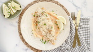 Lemon crumb baked fish with creamy leek & winter veggie mash recipe