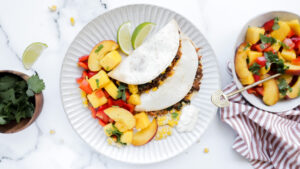 Mexican beef & veggie quesadillas with peach mango salsa & garlic aioli recipe