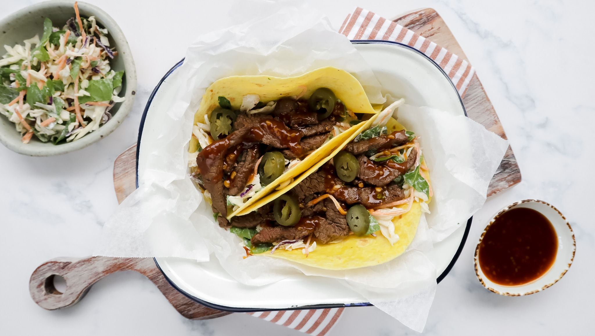 Smoky barbecue beef & slaw tacos with jalapeños recipe