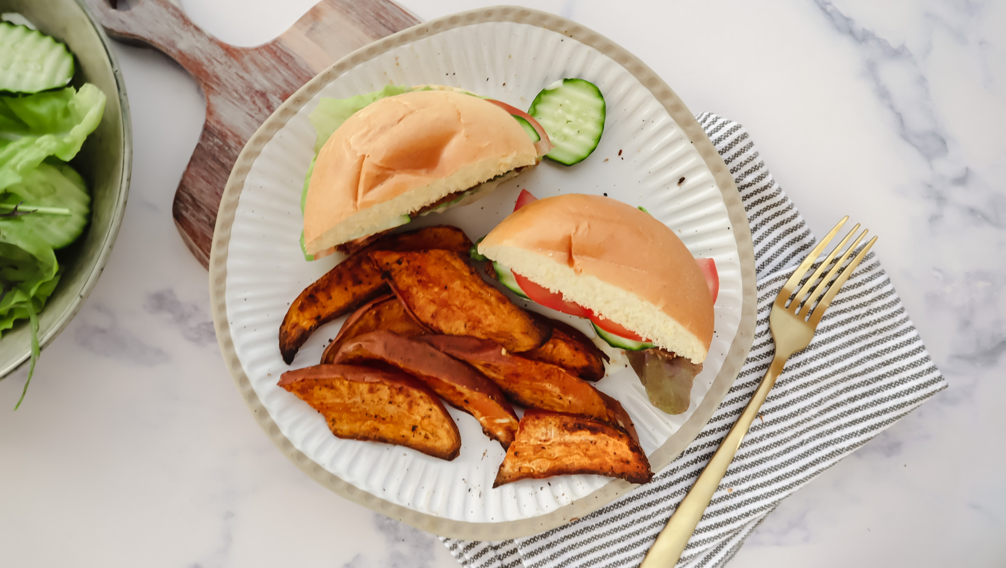 Veggie burgers, sweet potato wedges & honey mustard mayo with garden salad recipe