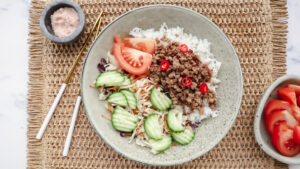 Vietnamese caramelised pork bowls with jasmine rice & slaw recipe