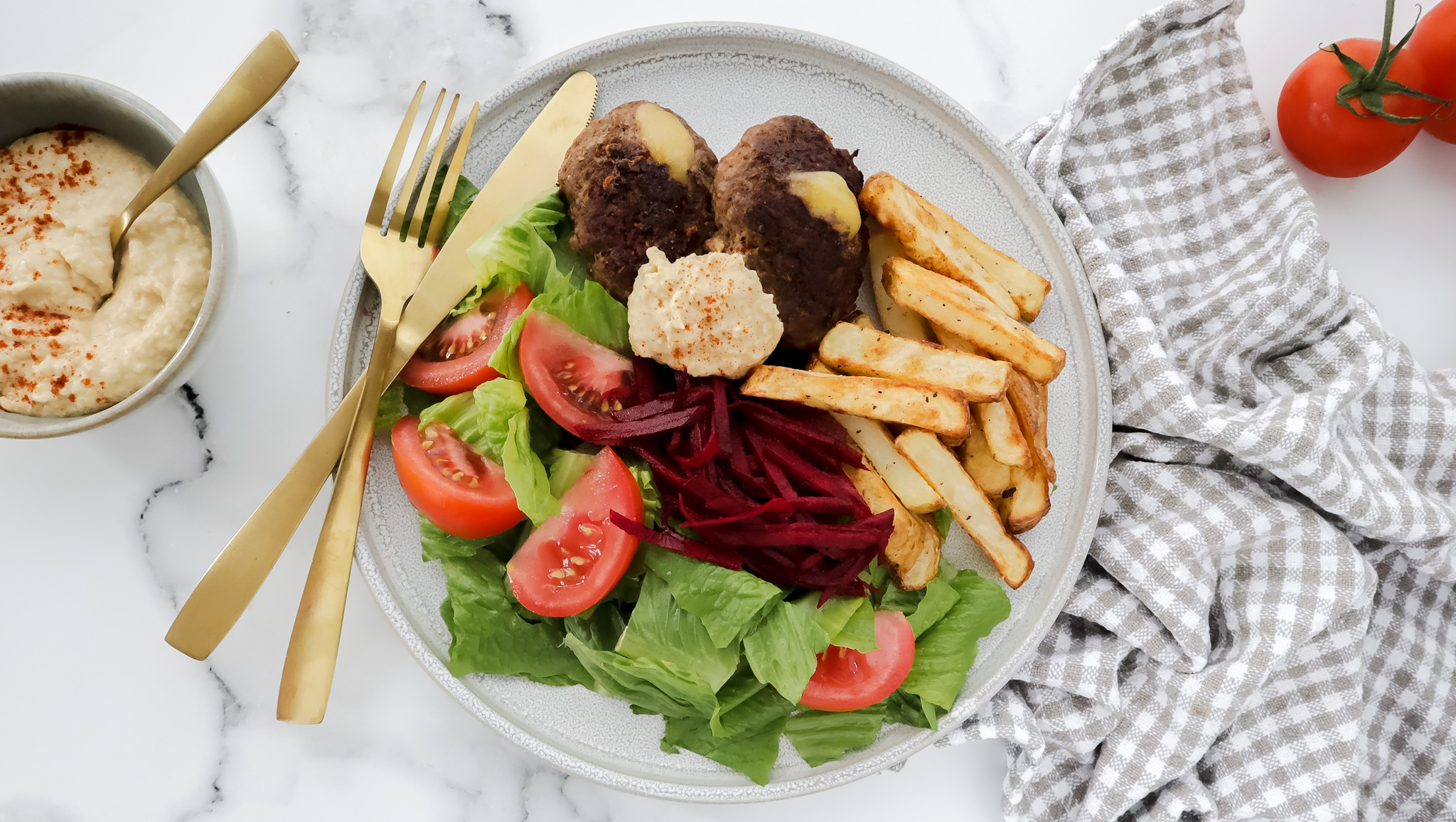Barbecue cheese stuffed patties with chips, salad, pickled beet & creamy hummus recipe