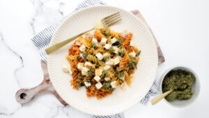 Chicken & pasta bake with tomato, cheese & basil pesto recipe
