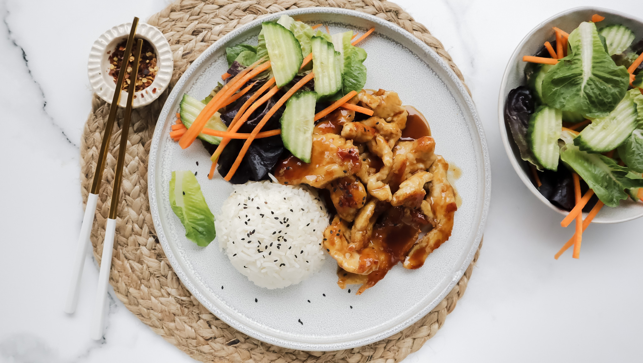 Crispy teriyaki chicken with rice, peanuts & salad recipe