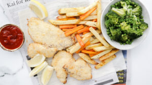 Lemon crumbed fish with veggie chips & smashed greens recipe