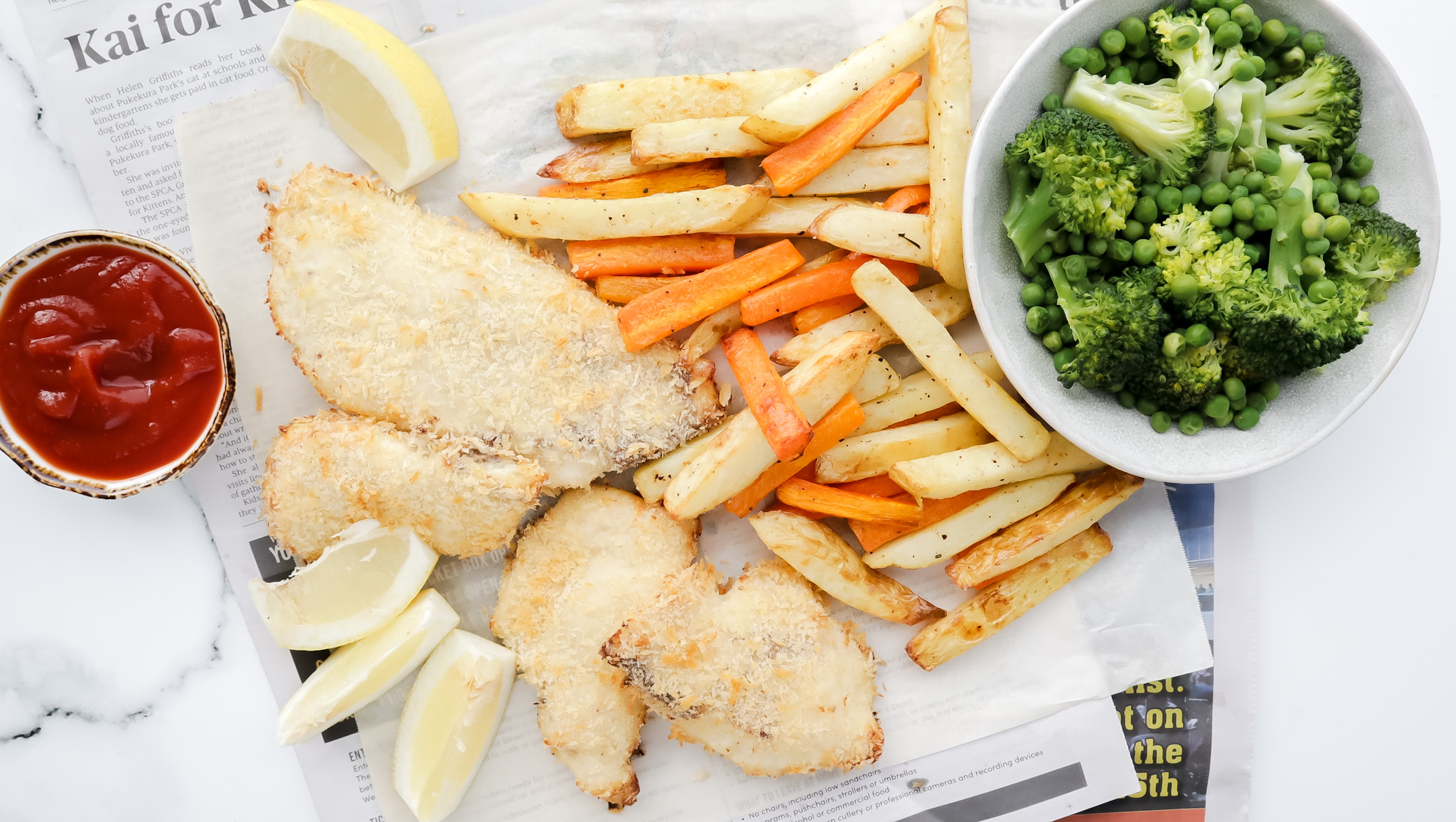 Lemon crumbed fish with veggie chips & smashed greens recipe