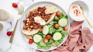 Mexican plant-based mince loaded wedges with sweet chilli cream salad recipe