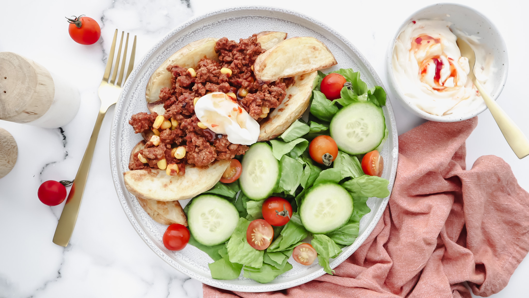 Mexican plant-based mince loaded wedges with sweet chilli cream salad recipe