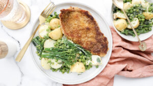 BBQ beef schnitty with honey mustard mayo & greens potato salad recipe