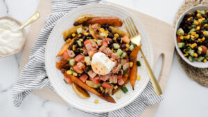 Bacon & cheese loaded sweet potato wedges with corn salsa & sour cream recipe