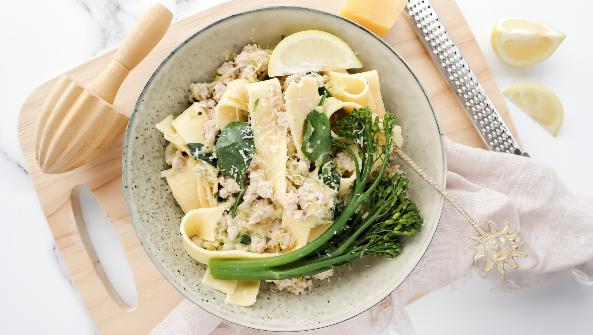 Creamy pork & pappardelle pasta with parmesan & steamed greens recipe
